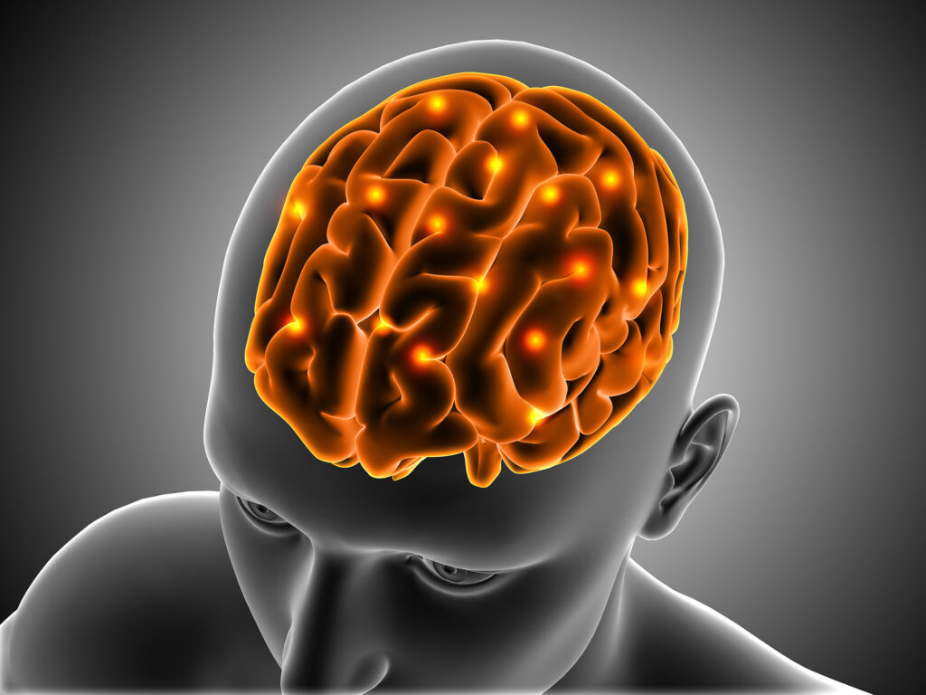 Avatar 3D-Medizinhintergrund mit männlicher Figur, Gehirn hervorgehoben, @freepik.com