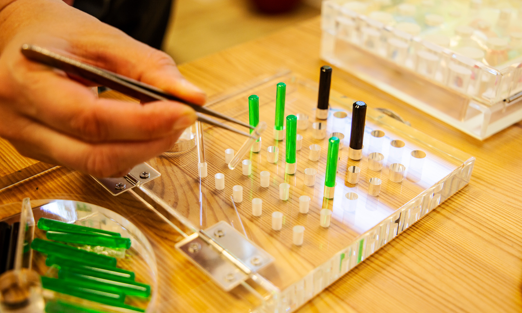 Hand hält eine Pinzette und versucht ein Stäbchen zu greifen